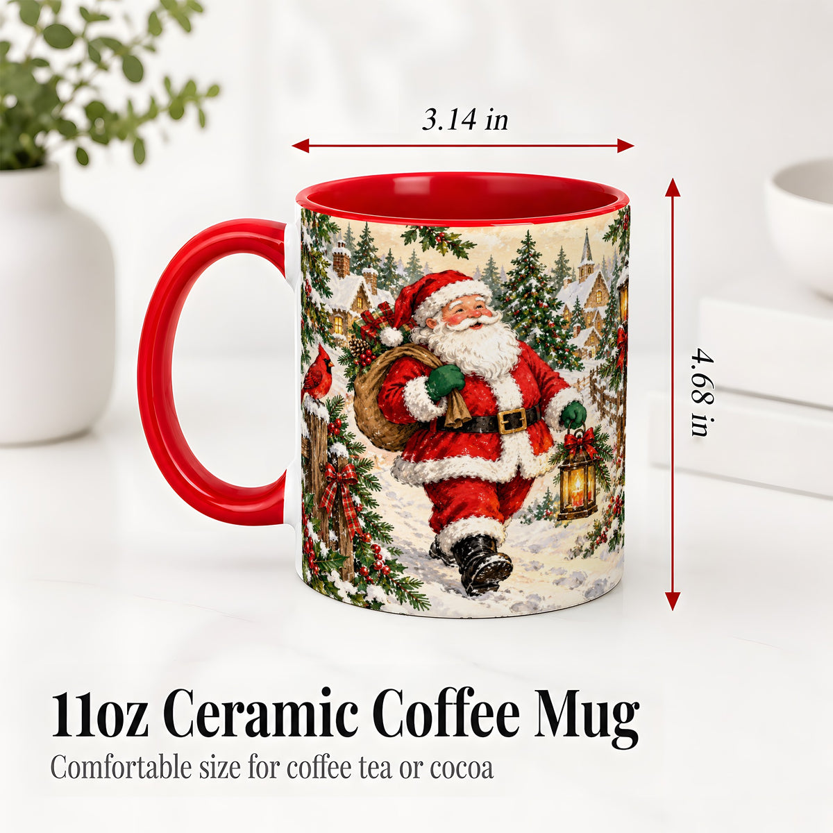 #pl[11oz|Red] Vintage Santa Accent Mug, Ceramic Mug with Christmas Village Art