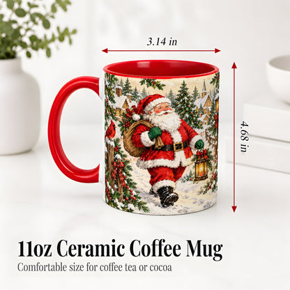 #pl[11oz|Red] Vintage Santa Accent Mug, Ceramic Mug with Christmas Village Art