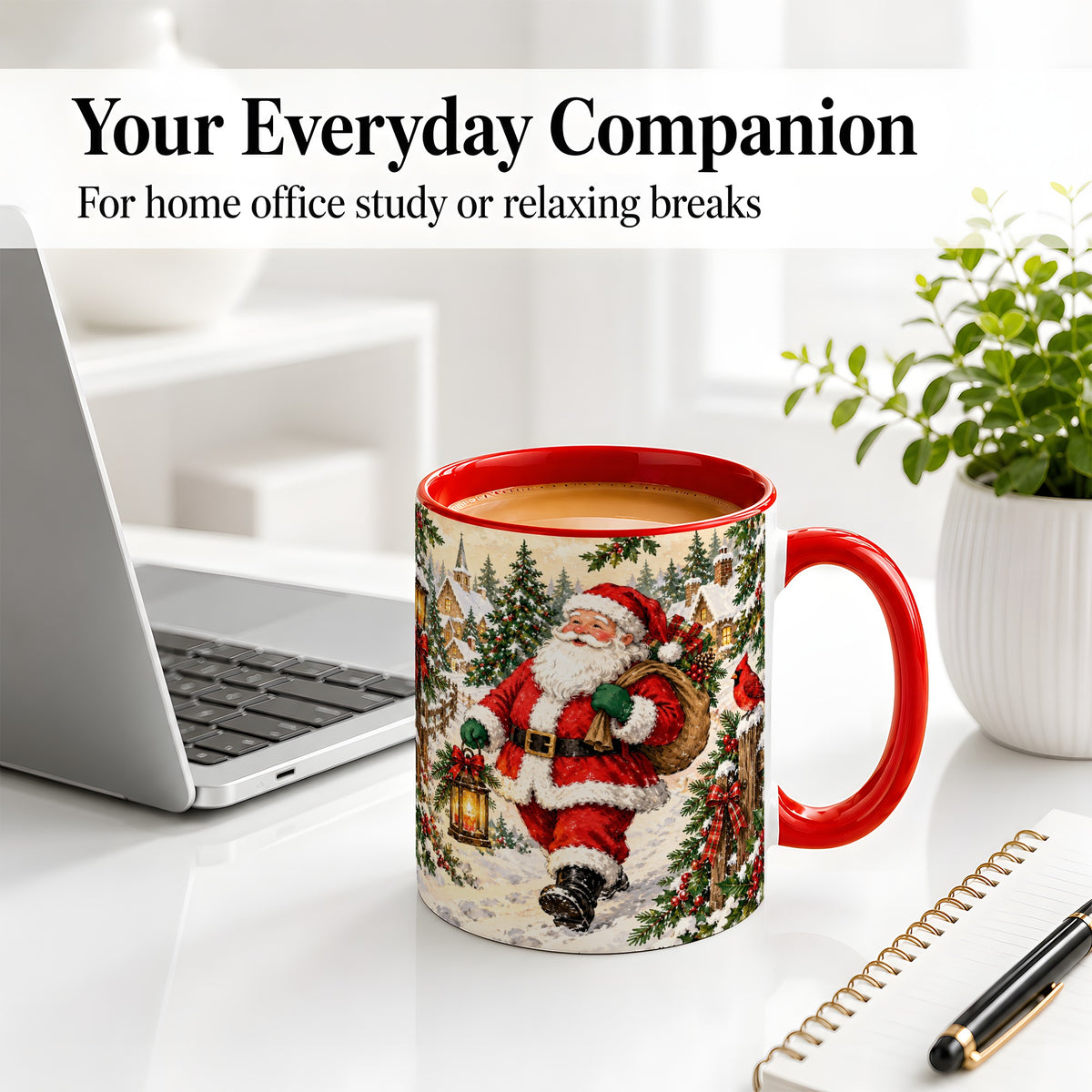 #pl[11oz|Red] Vintage Santa Accent Mug, Ceramic Mug with Christmas Village Art