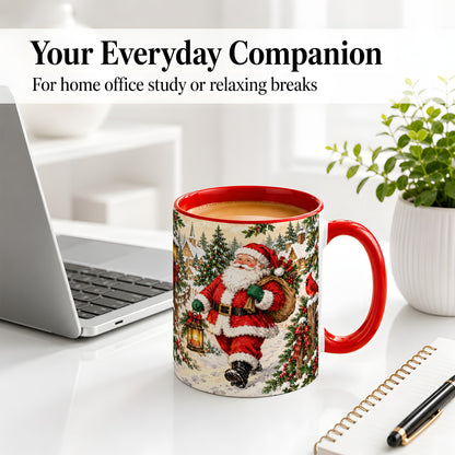 #pl[11oz|Red] Vintage Santa Accent Mug, Ceramic Mug with Christmas Village Art