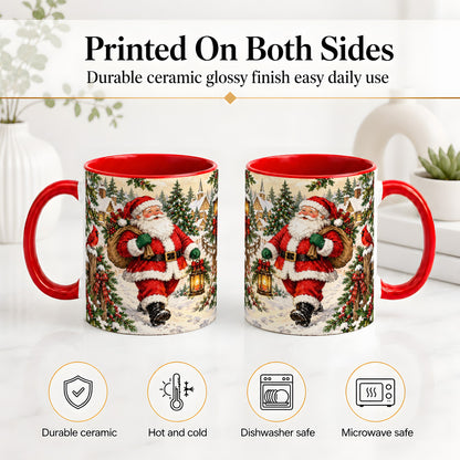 #pl[11oz|Red] Vintage Santa Accent Mug, Ceramic Mug with Christmas Village Art