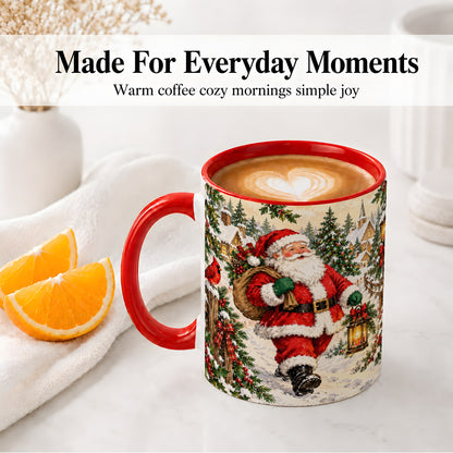 #pl[11oz|Red] Vintage Santa Accent Mug, Ceramic Mug with Christmas Village Art