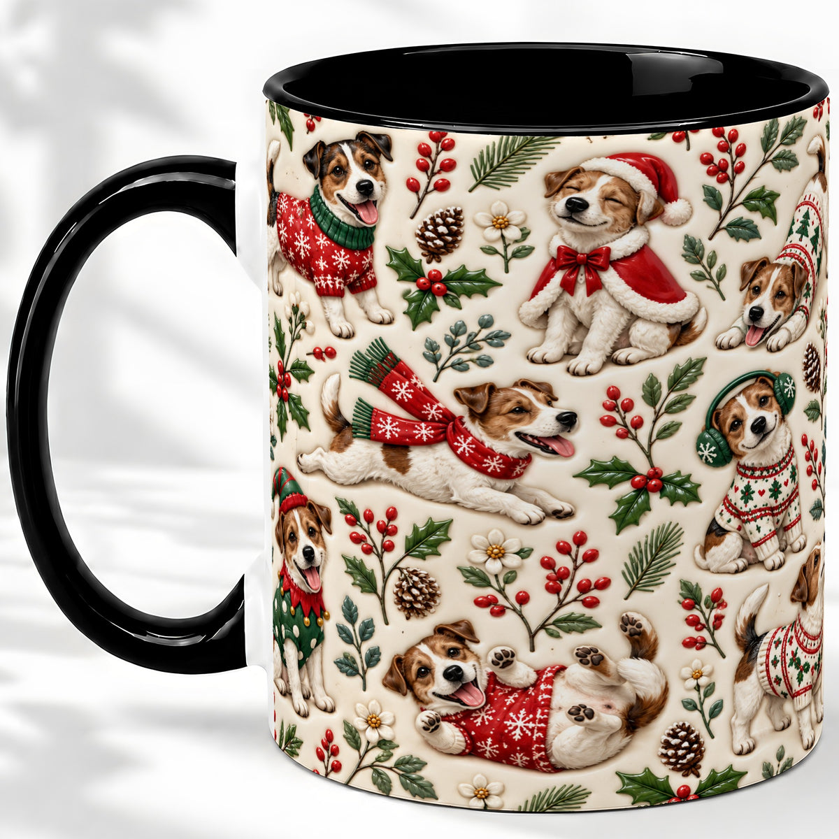 #pl[11oz|Black] Christmas Jack Russell Accent Mug, Ceramic Mug with Festive Art