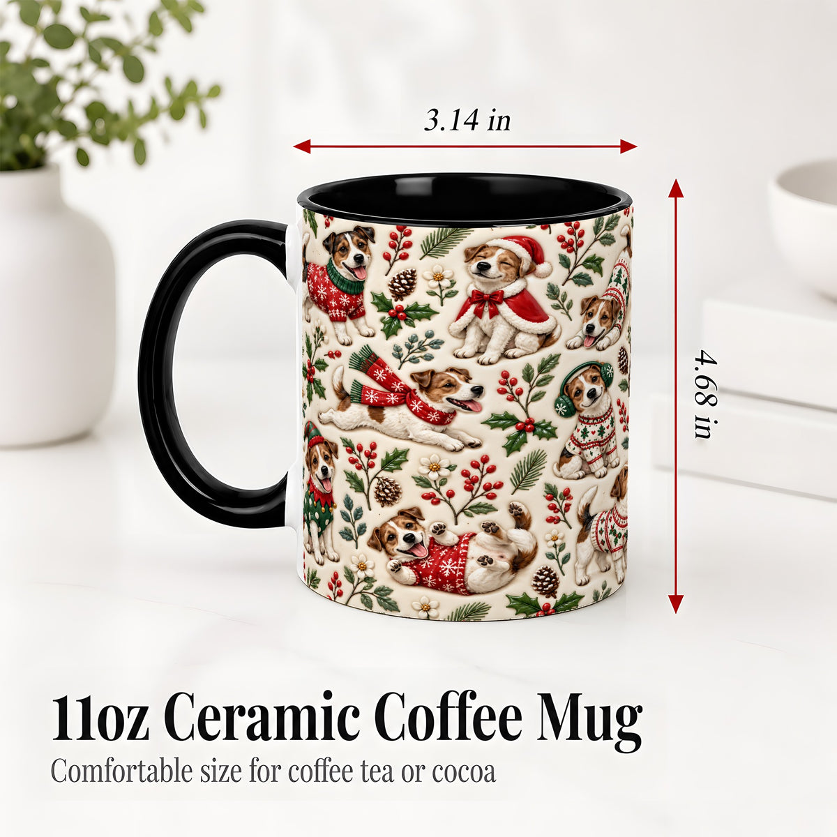 #pl[11oz|Black] Christmas Jack Russell Accent Mug, Ceramic Mug with Festive Art
