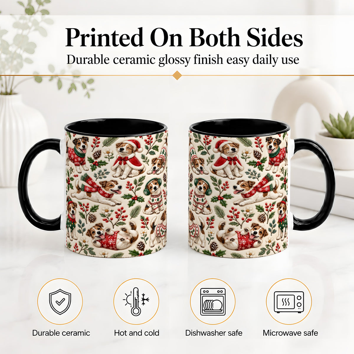 #pl[11oz|Black] Christmas Jack Russell Accent Mug, Ceramic Mug with Festive Art