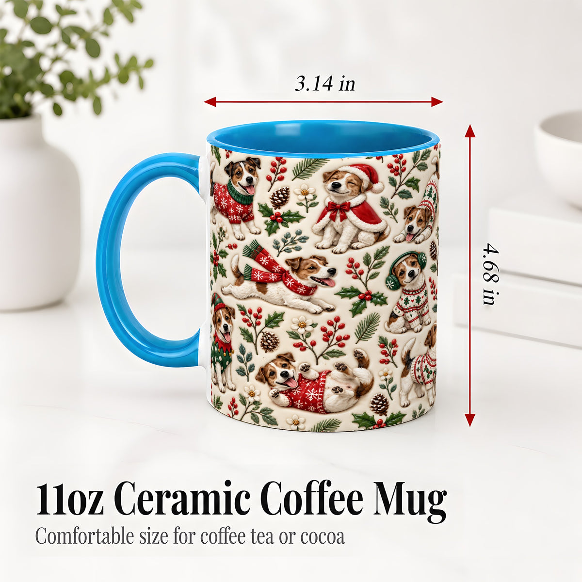 #pl[11oz|Blue] Christmas Jack Russell Accent Mug, Ceramic Mug with Festive Art