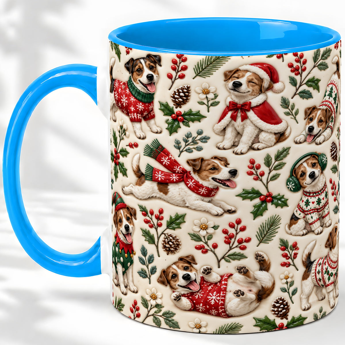 #pl[11oz|Blue] Christmas Jack Russell Accent Mug, Ceramic Mug with Festive Art