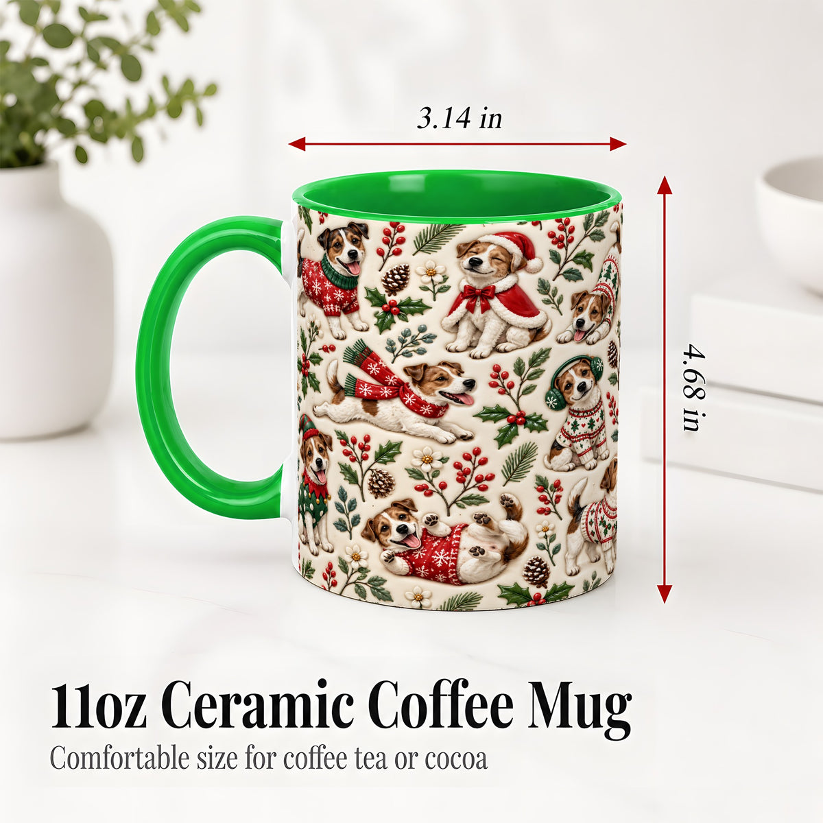 #pl[11oz|Green] Christmas Jack Russell Accent Mug, Ceramic Mug with Festive Art