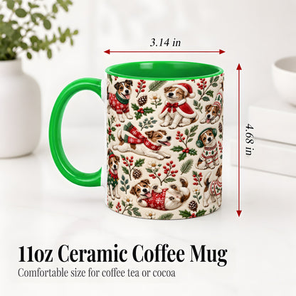 #pl[11oz|Green] Christmas Jack Russell Accent Mug, Ceramic Mug with Festive Art