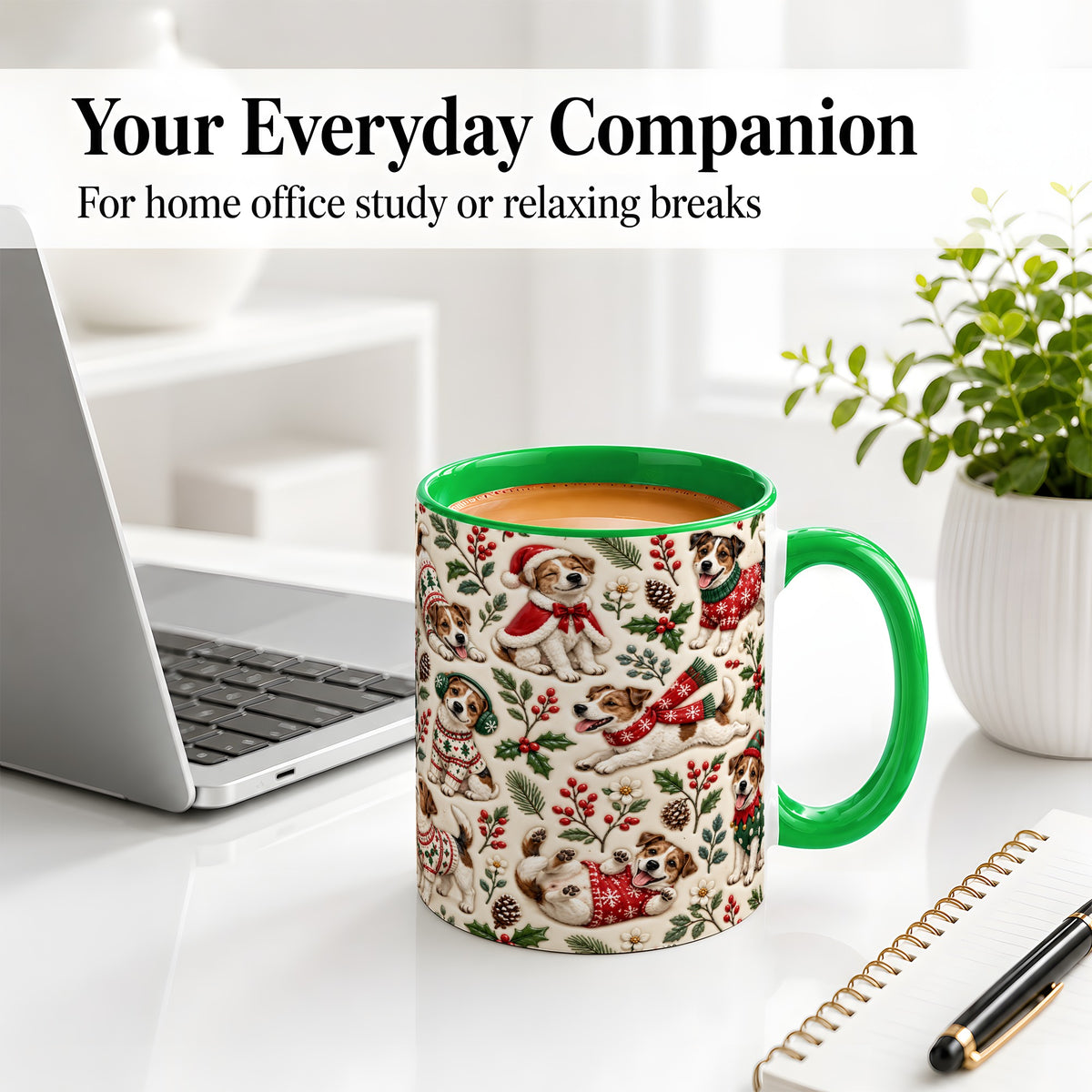 #pl[11oz|Green] Christmas Jack Russell Accent Mug, Ceramic Mug with Festive Art