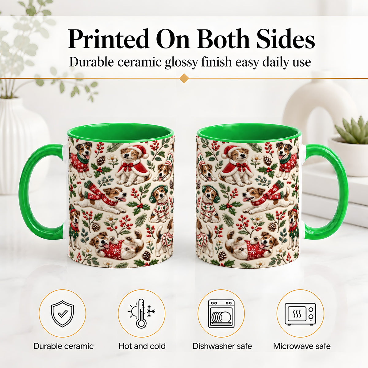 #pl[11oz|Green] Christmas Jack Russell Accent Mug, Ceramic Mug with Festive Art