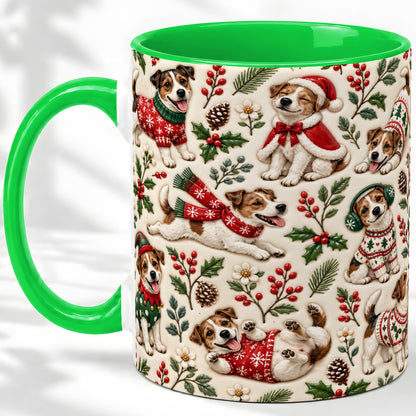 #pl[11oz|Green] Christmas Jack Russell Accent Mug, Ceramic Mug with Festive Art