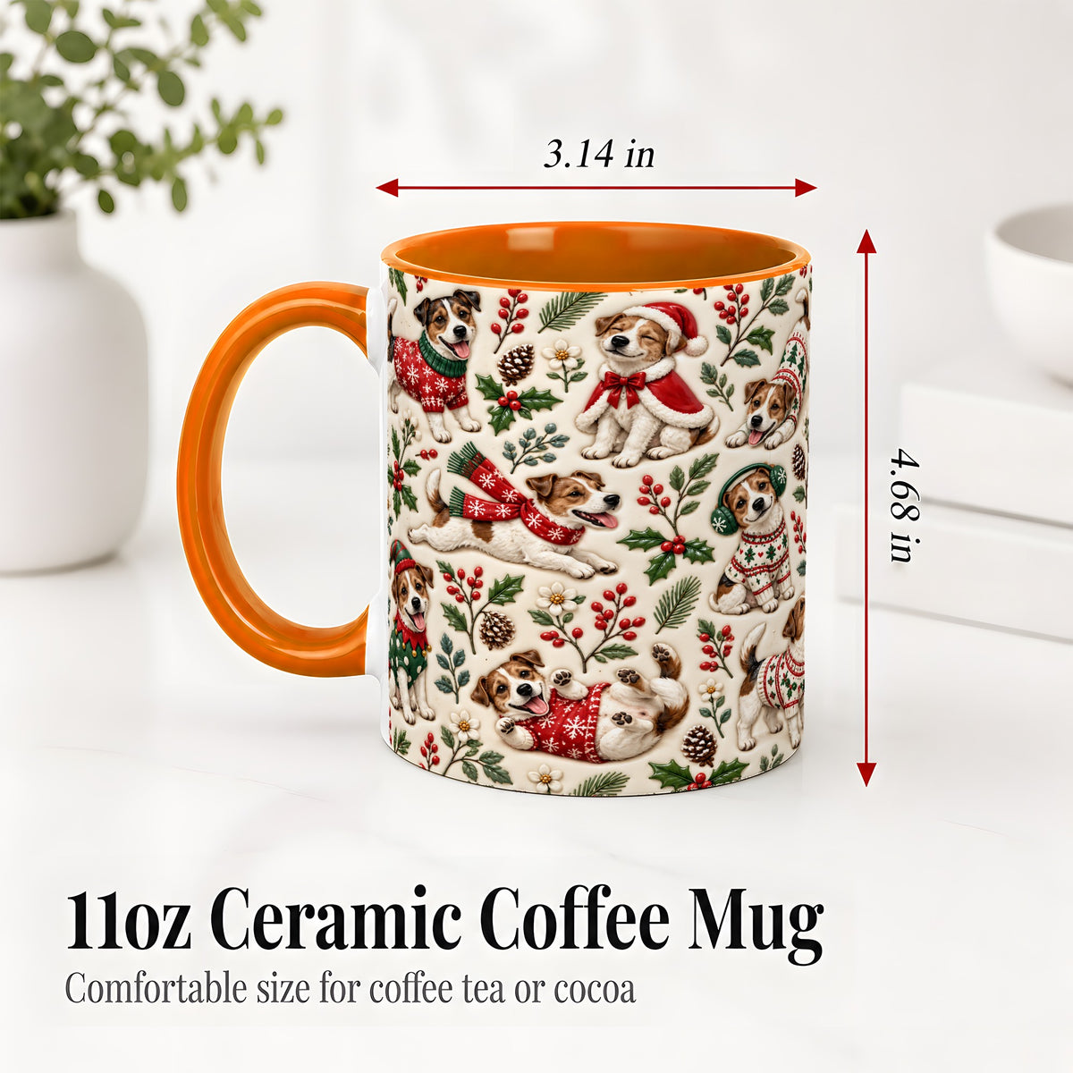 #pl[11oz|Orange] Christmas Jack Russell Accent Mug, Ceramic Mug with Festive Art