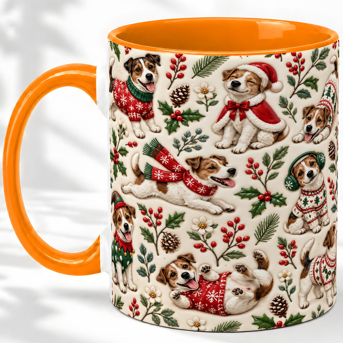 #pl[11oz|Orange] Christmas Jack Russell Accent Mug, Ceramic Mug with Festive Art