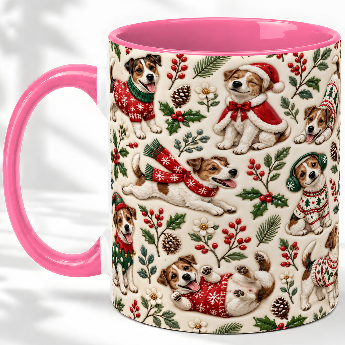 #pl[11oz|Pink] Christmas Jack Russell Accent Mug, Ceramic Mug with Festive Art