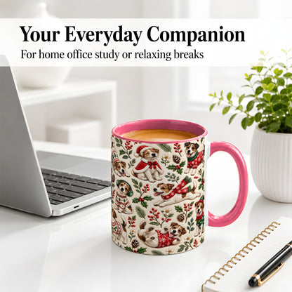 #pl[11oz|Pink] Christmas Jack Russell Accent Mug, Ceramic Mug with Festive Art