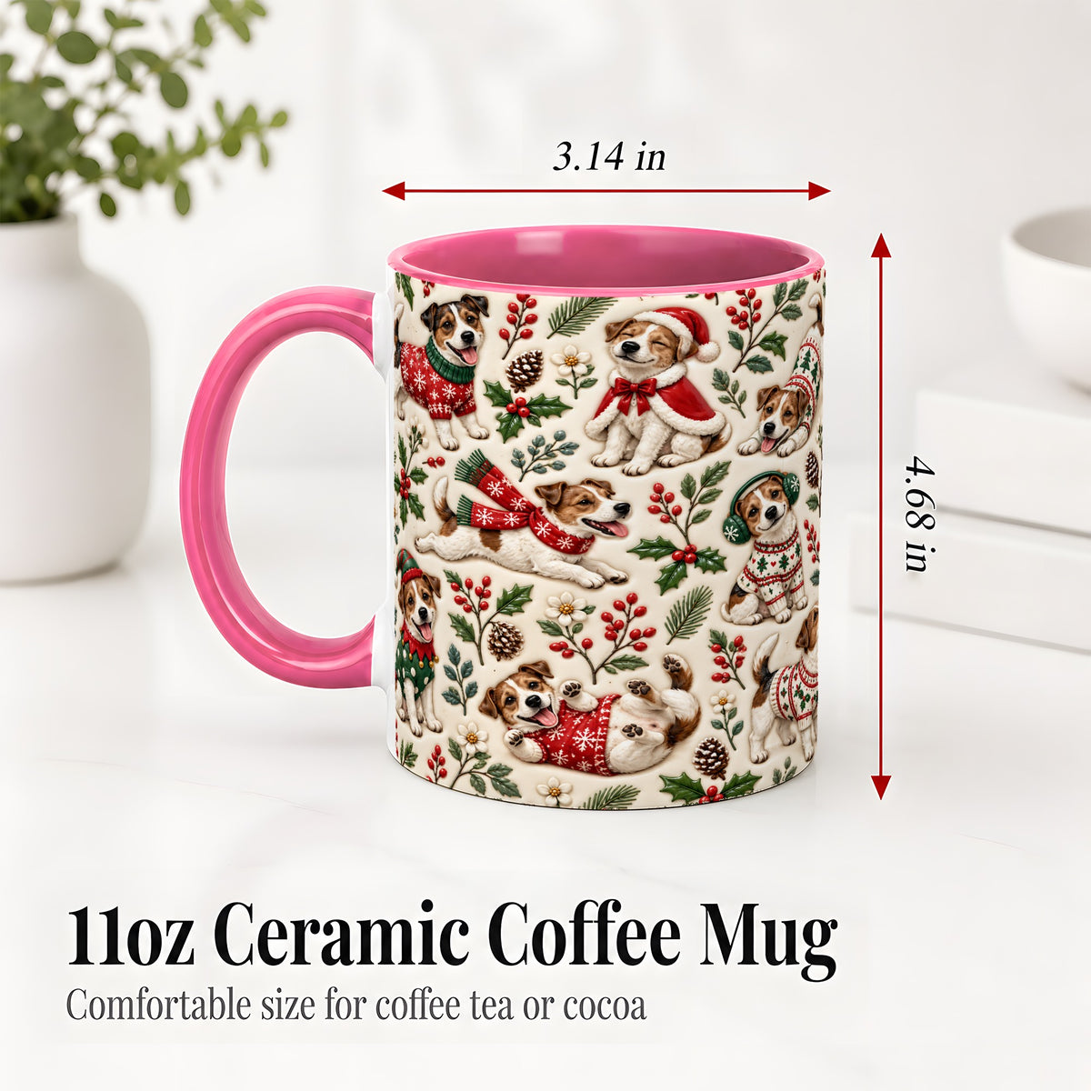 #pl[11oz|Pink] Christmas Jack Russell Accent Mug, Ceramic Mug with Festive Art