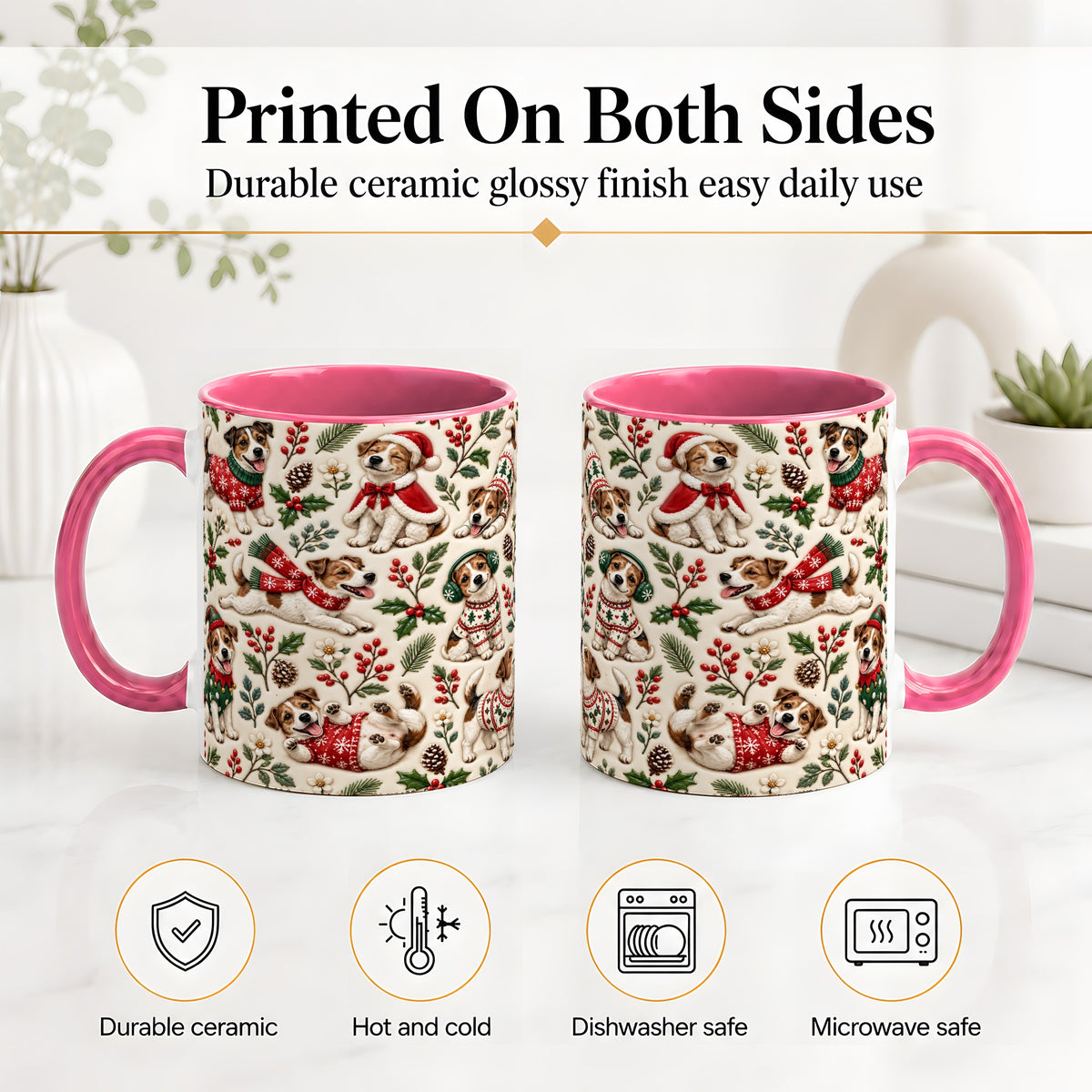 #pl[11oz|Pink] Christmas Jack Russell Accent Mug, Ceramic Mug with Festive Art