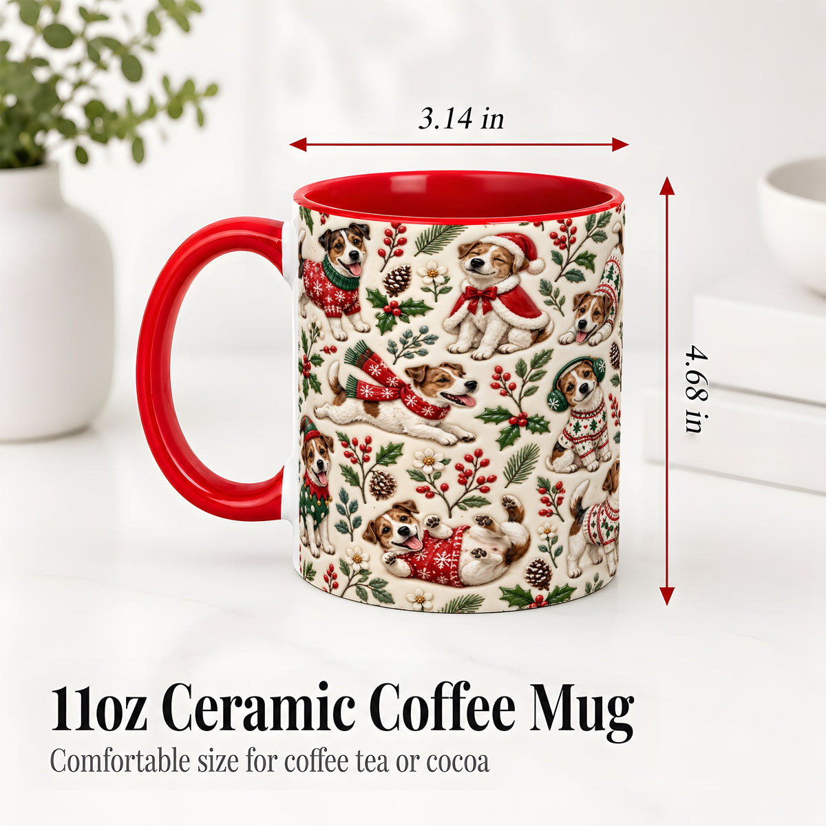 #pl[11oz|Red] Christmas Jack Russell Accent Mug, Ceramic Mug with Festive Art