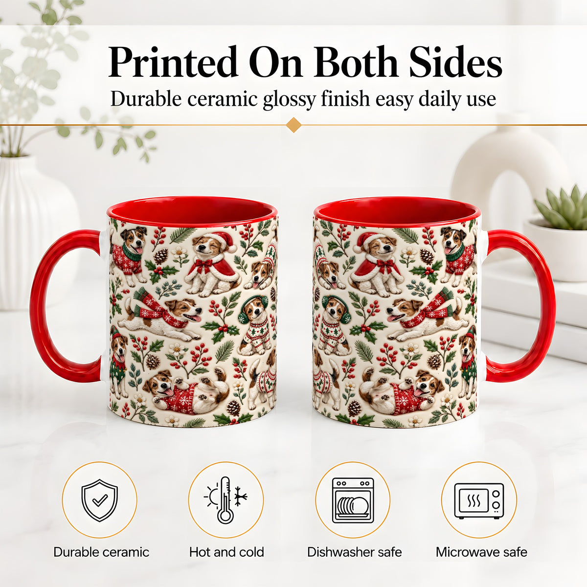 #pl[11oz|Red] Christmas Jack Russell Accent Mug, Ceramic Mug with Festive Art