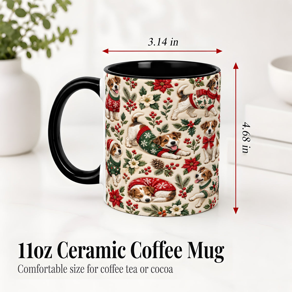 #pl[11oz|Black] Christmas Jack Russell Accent Mug, Ceramic Mug with Holly Art
