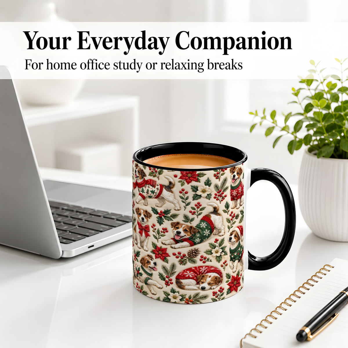 #pl[11oz|Black] Christmas Jack Russell Accent Mug, Ceramic Mug with Holly Art