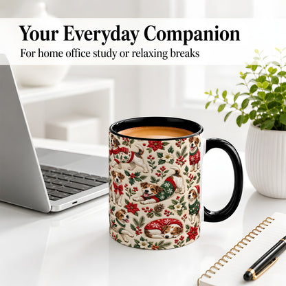 #pl[11oz|Black] Christmas Jack Russell Accent Mug, Ceramic Mug with Holly Art