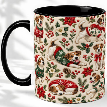 #pl[11oz|Black] Christmas Jack Russell Accent Mug, Ceramic Mug with Holly Art