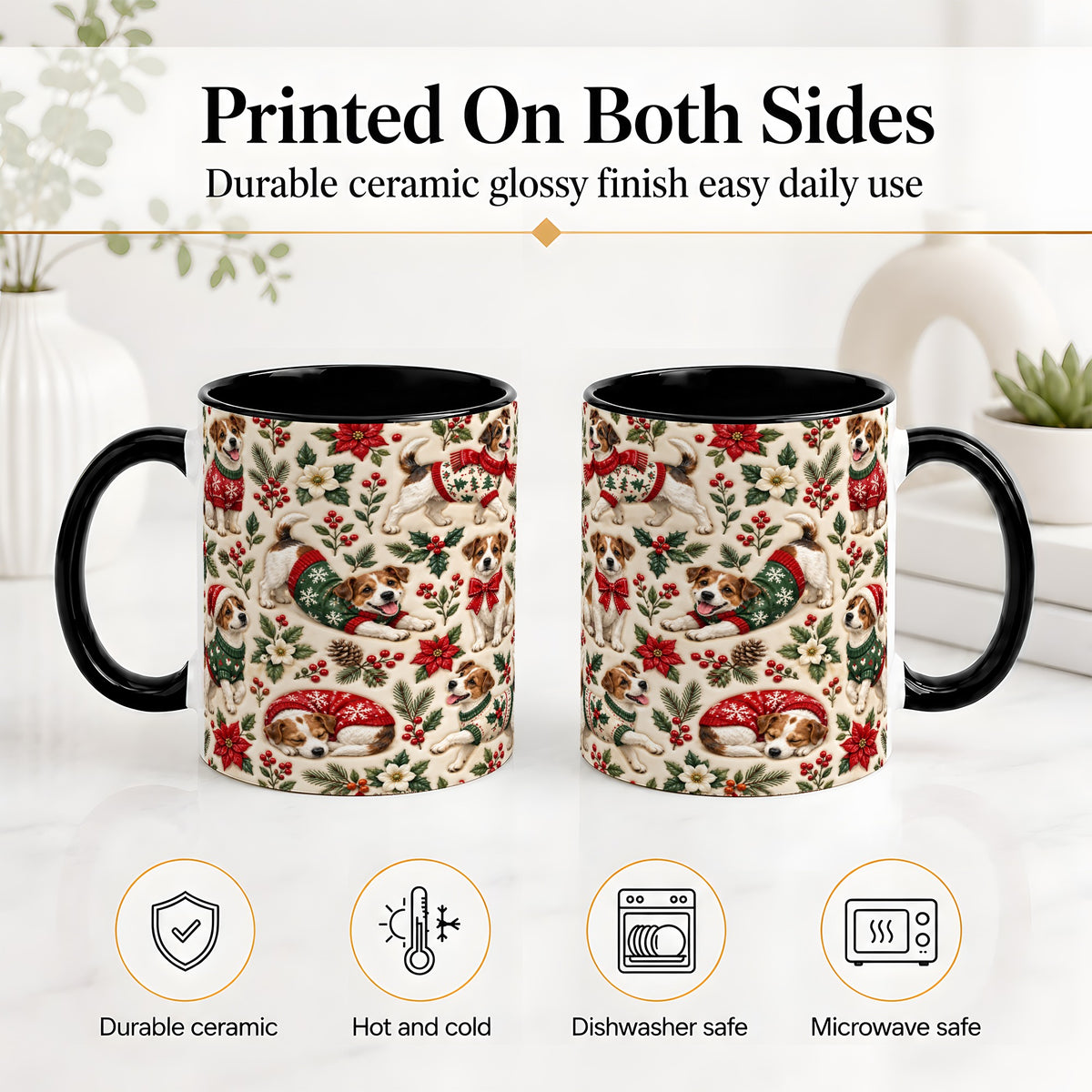 #pl[11oz|Black] Christmas Jack Russell Accent Mug, Ceramic Mug with Holly Art