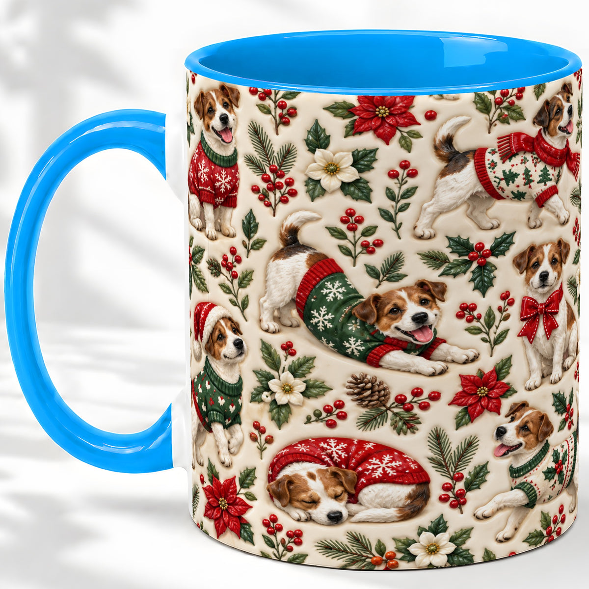 #pl[11oz|Blue] Christmas Jack Russell Accent Mug, Ceramic Mug with Holly Art