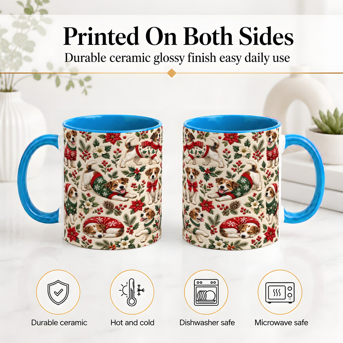 #pl[11oz|Blue] Christmas Jack Russell Accent Mug, Ceramic Mug with Holly Art
