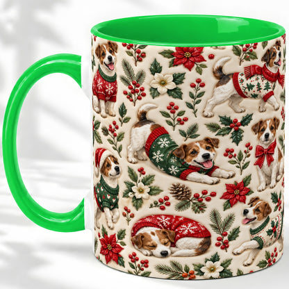 #pl[11oz|Green] Christmas Jack Russell Accent Mug, Ceramic Mug with Holly Art