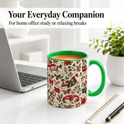#pl[11oz|Green] Christmas Jack Russell Accent Mug, Ceramic Mug with Holly Art