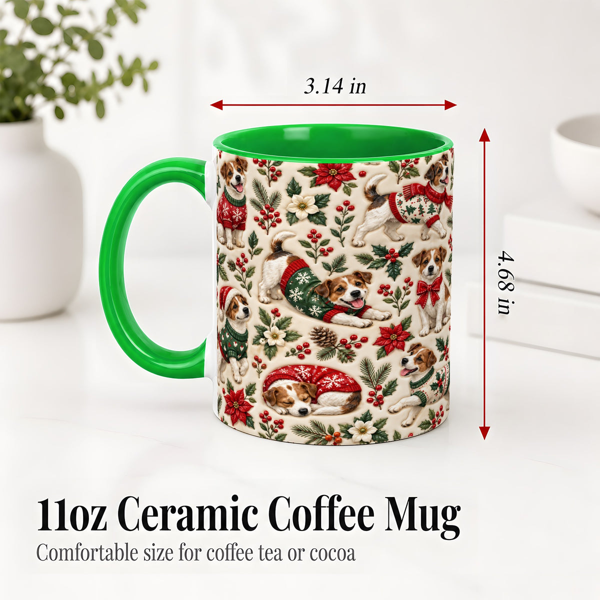 #pl[11oz|Green] Christmas Jack Russell Accent Mug, Ceramic Mug with Holly Art