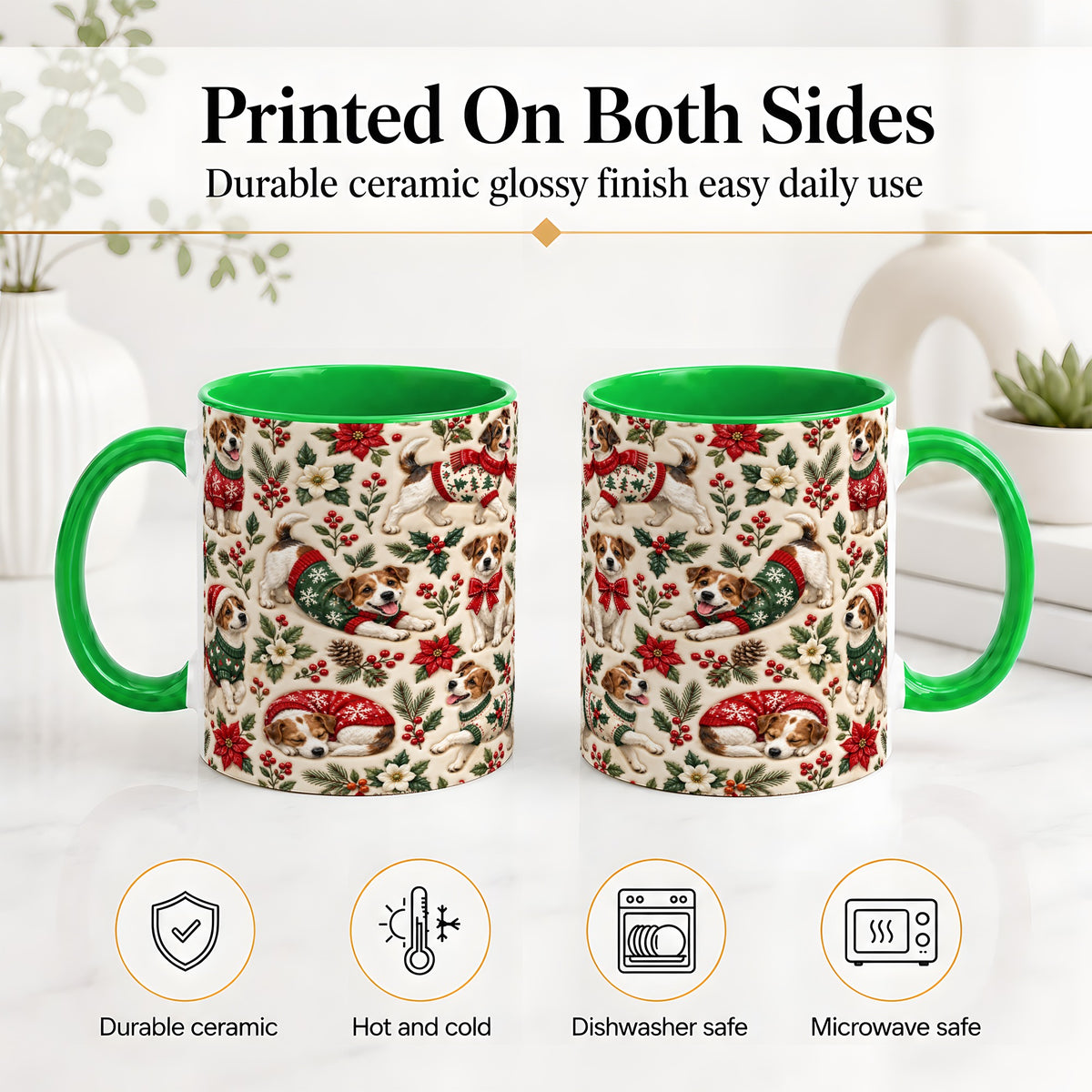 #pl[11oz|Green] Christmas Jack Russell Accent Mug, Ceramic Mug with Holly Art