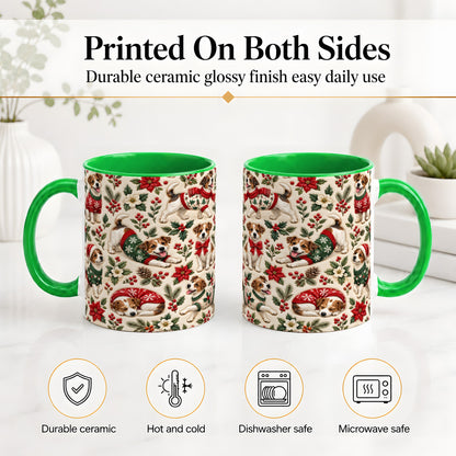 #pl[11oz|Green] Christmas Jack Russell Accent Mug, Ceramic Mug with Holly Art