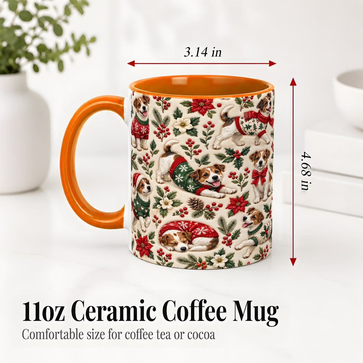 #pl[11oz|Orange] Christmas Jack Russell Accent Mug, Ceramic Mug with Holly Art