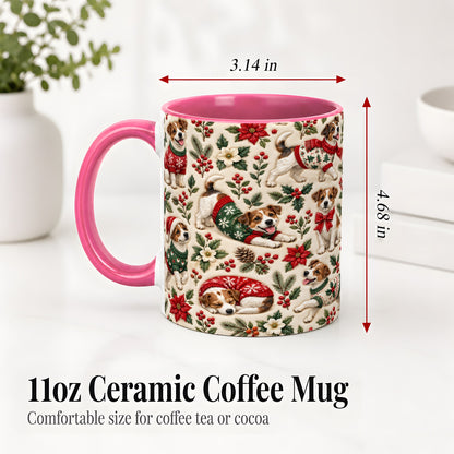 #pl[11oz|Pink] Christmas Jack Russell Accent Mug, Ceramic Mug with Holly Art
