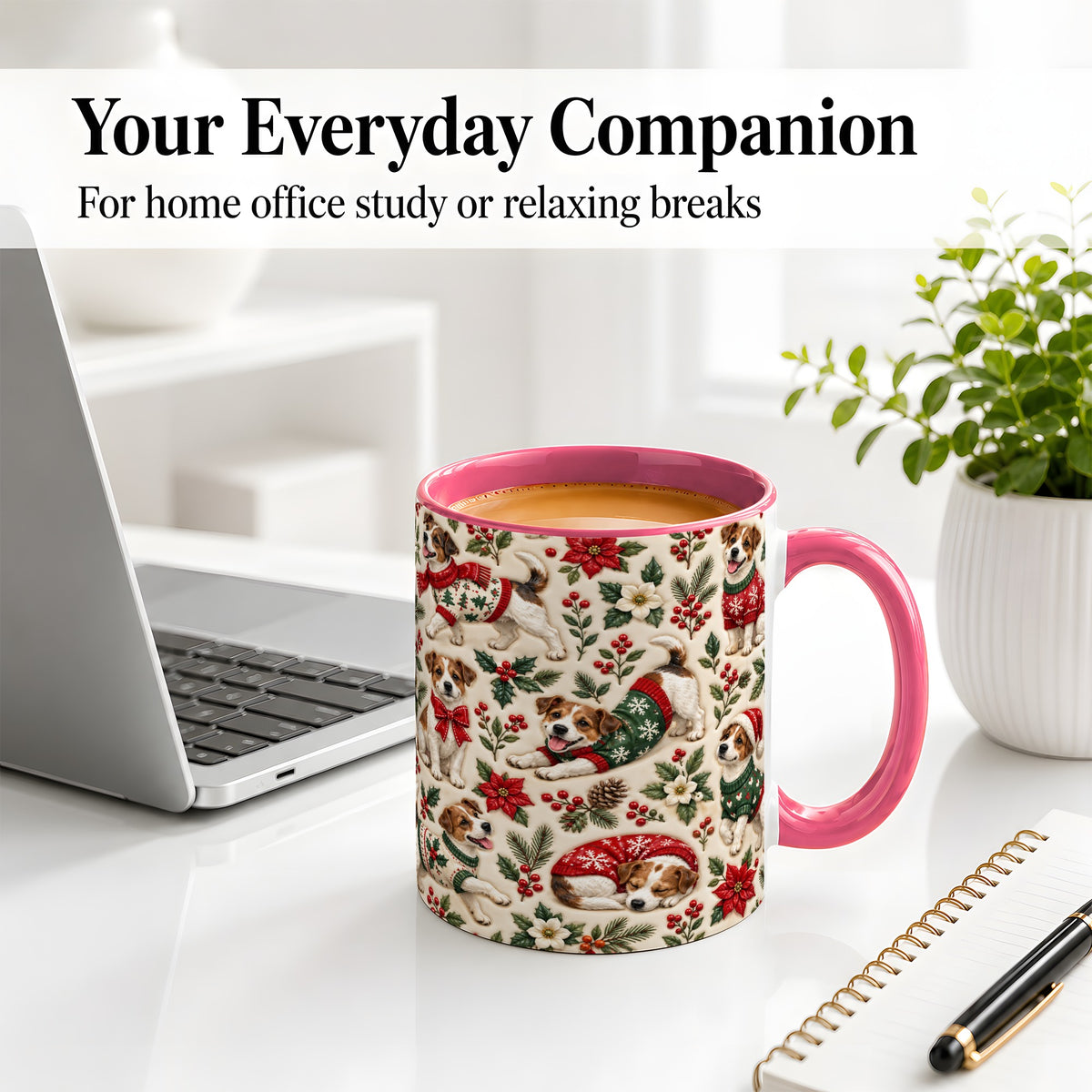 #pl[11oz|Pink] Christmas Jack Russell Accent Mug, Ceramic Mug with Holly Art
