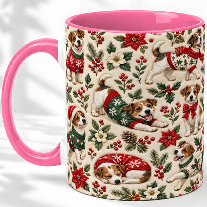 #pl[11oz|Pink] Christmas Jack Russell Accent Mug, Ceramic Mug with Holly Art