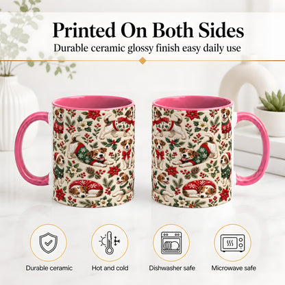 #pl[11oz|Pink] Christmas Jack Russell Accent Mug, Ceramic Mug with Holly Art