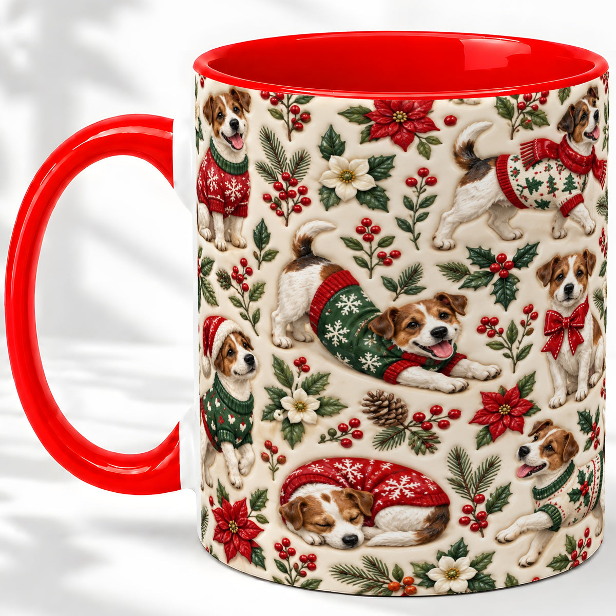 Christmas Jack Russell Accent Mug, Ceramic Mug with Holly Art