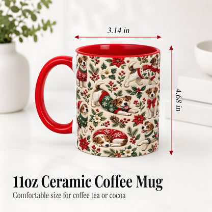 #pl[11oz|Red] Christmas Jack Russell Accent Mug, Ceramic Mug with Holly Art