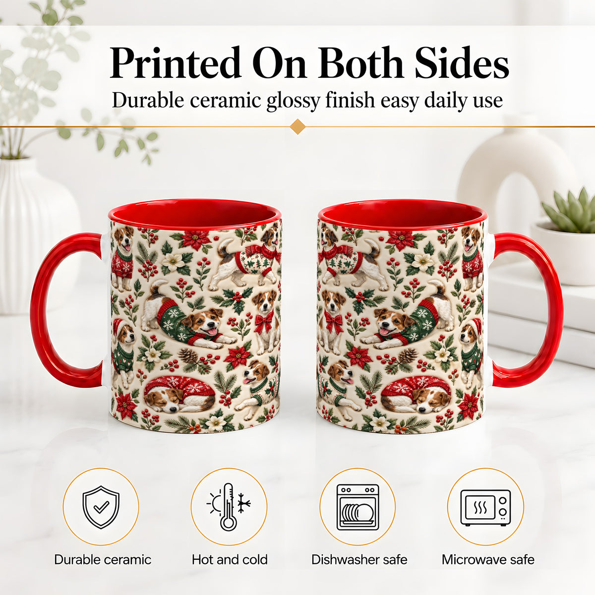 #pl[11oz|Red] Christmas Jack Russell Accent Mug, Ceramic Mug with Holly Art