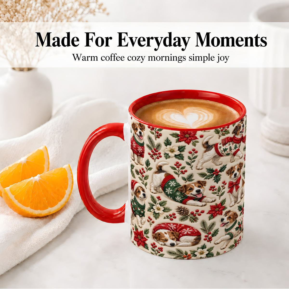 #pl[11oz|Red] Christmas Jack Russell Accent Mug, Ceramic Mug with Holly Art