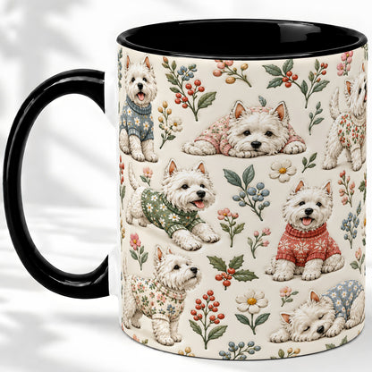 #pl[11oz|Black] Floral White Terrier Accent Mug, Ceramic Mug with Botanical Dog Art