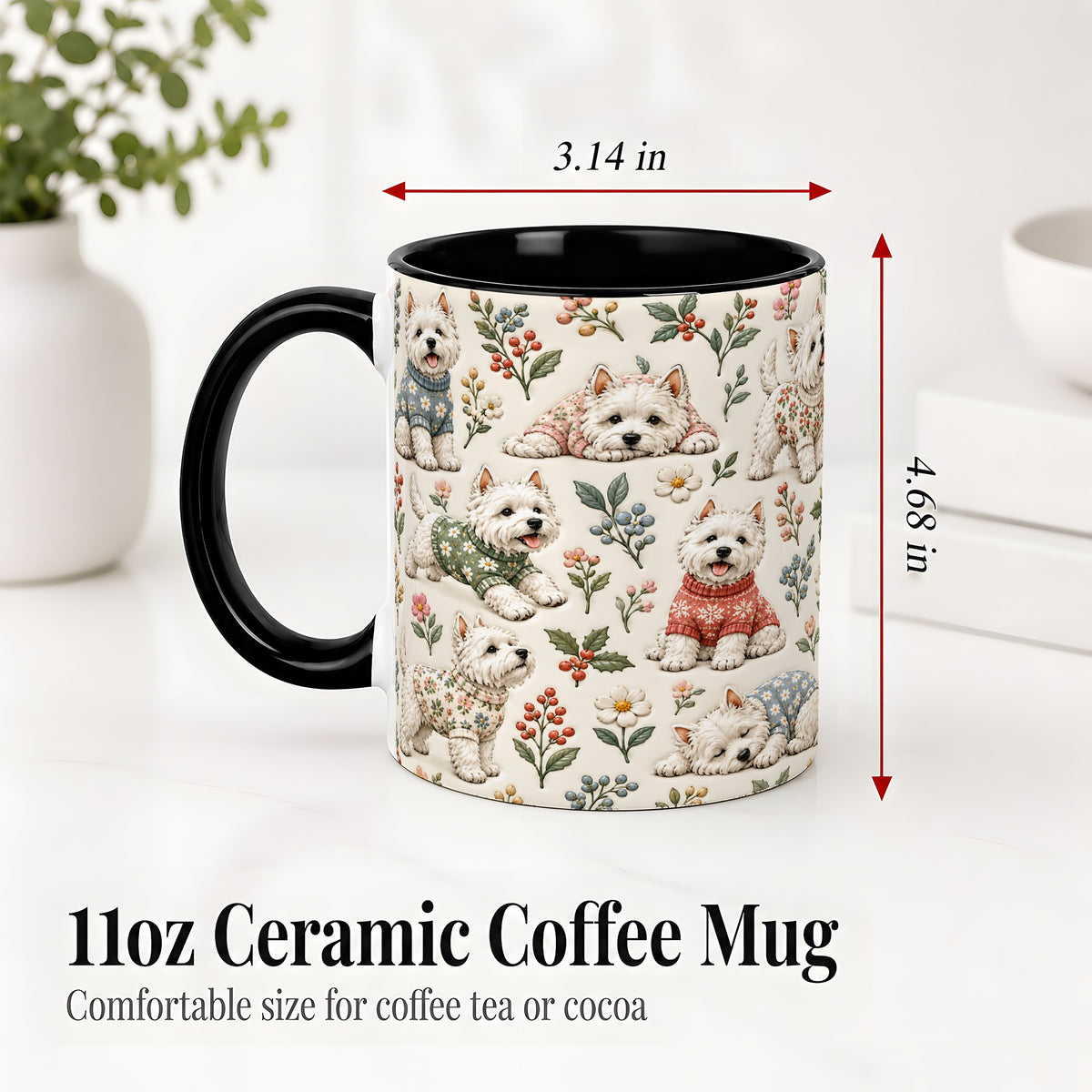 #pl[11oz|Black] Floral White Terrier Accent Mug, Ceramic Mug with Botanical Dog Art