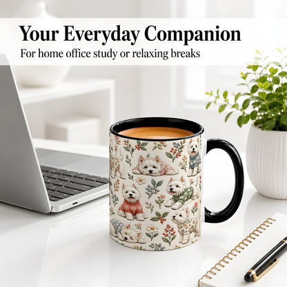#pl[11oz|Black] Floral White Terrier Accent Mug, Ceramic Mug with Botanical Dog Art