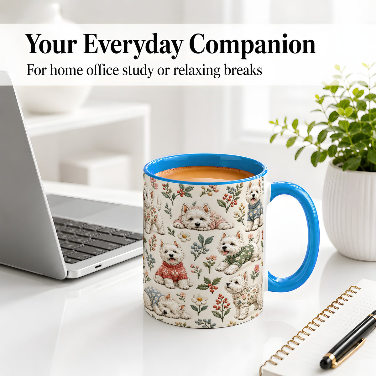 #pl[11oz|Blue] Floral White Terrier Accent Mug, Ceramic Mug with Botanical Dog Art