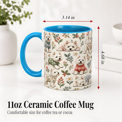 #pl[11oz|Blue] Floral White Terrier Accent Mug, Ceramic Mug with Botanical Dog Art